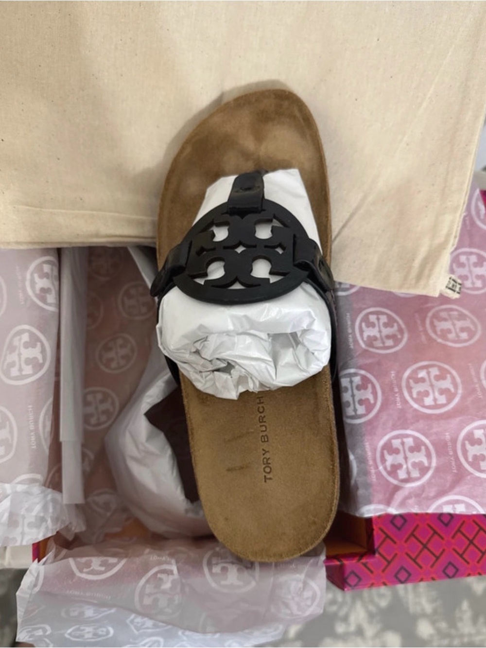 Tory Burch Brown Suede Slide Sandal with Black Logo Buckle